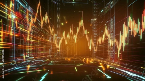 Obraz na płótnie Futuristic Stock Market Visualization: Dynamic Candlestick Chart in a Neon Cityscape w salonie