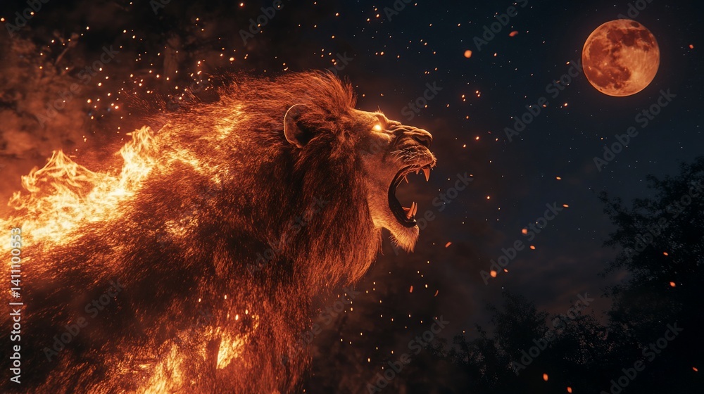 Fiery Lion's Roar Under Blood Moon