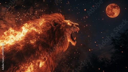 Obraz na płótnie Fiery Lion's Roar Under Blood Moon w salonie