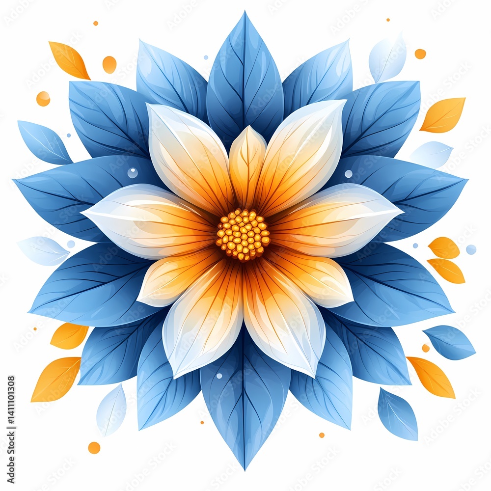 Obraz premium Vibrant Spring Blossom. Artistic Blue and Yellow Flower Illustration with Leaves for Fresh Floristry Design