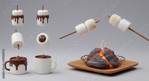 Obraz na płótnie Roasted Marshmallows 3D Rendering: Isometric View of Campfire and Melted Chocolate w salonie