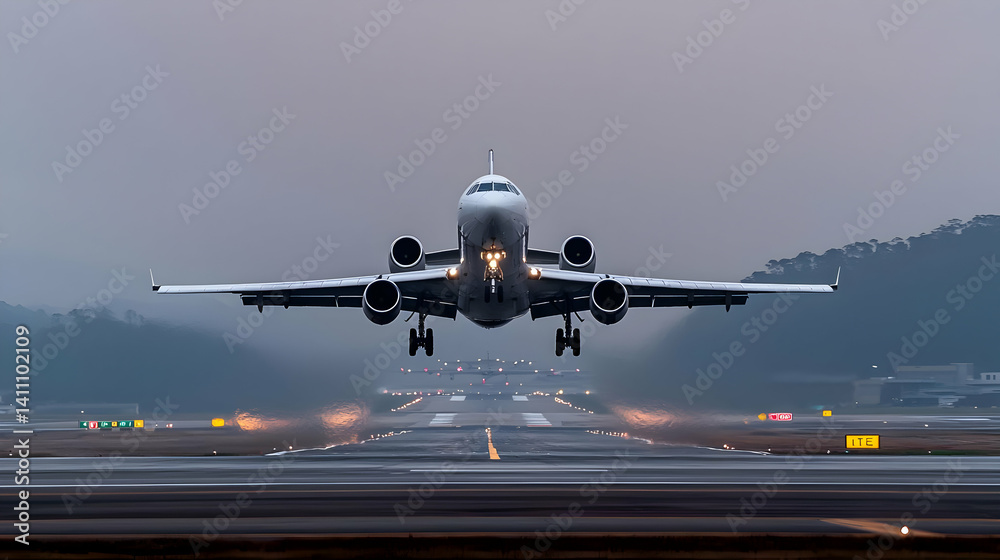 Naklejka premium Airplane Landing On Runway At Twilight