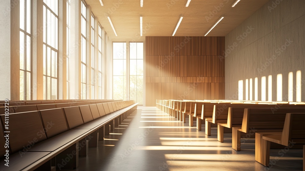 Fototapeta premium Modern Lecture Hall Interior with Natural Lighting and Wooden Seating
