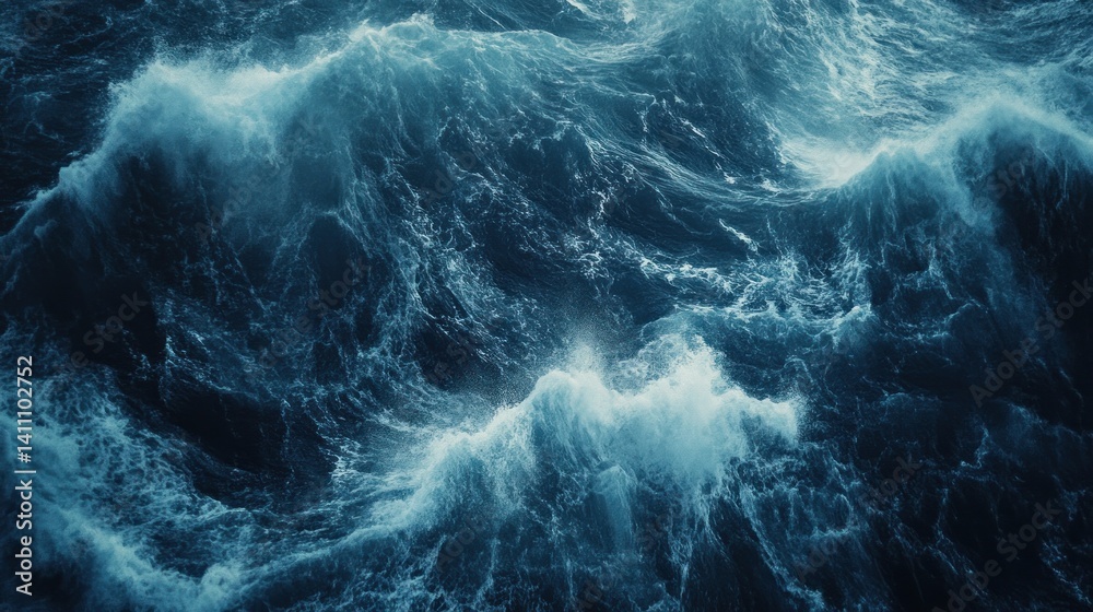 Obraz premium An overhead view of the ocean with turbulent rolling waves