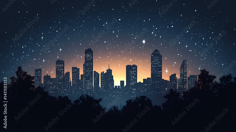 Fototapeta premium Starry Night City Skyline. Urban Landscape Blending Nature and Modern Architecture in a Serene Twilight Scene