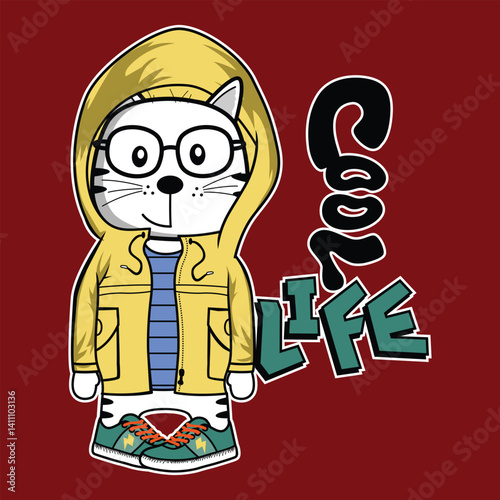 Cartoon cat in yellow hoodie glasses and sneakers standing confidently with graffiti style cool life text in modern youth street fashion. Lifestyle concept
