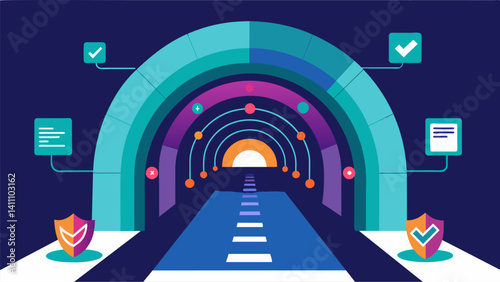 A visual representation of a virtual tunnel through which data flows protected and monitored by various security measures at every stage.. Vector illustration