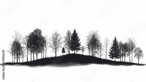 Wallpaper Mural Serene Forest Silhouette. Black and White Landscape Illustration of Pine, Spruce, and Maple Trees in Tranquil Woodland Scenery Torontodigital.ca
