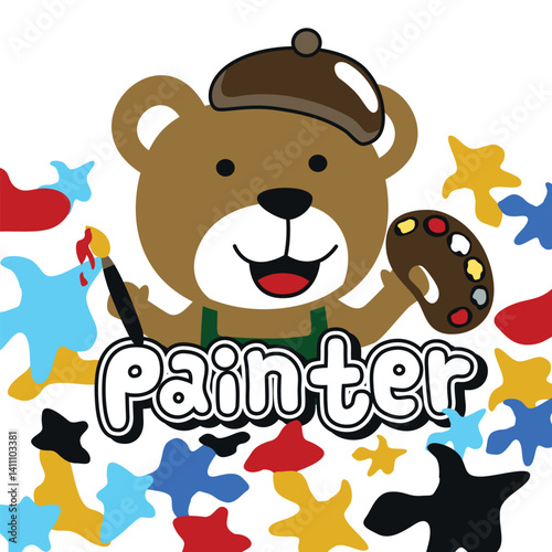 Cartoon bear wearing painter hat holding brush and palette surrounded by colorful splashes in cheerful children art illustration. Children concept
