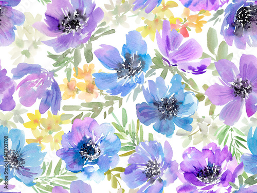 Fototapeta Naklejka Na Ścianę i Meble -  PNG seamless pattern of blue anemones and wild flowers painted in watercolor. Foral wallpaper pattern in watercolor with transparent backgroud . Botanical pattern painted in watercolor for wedding.
