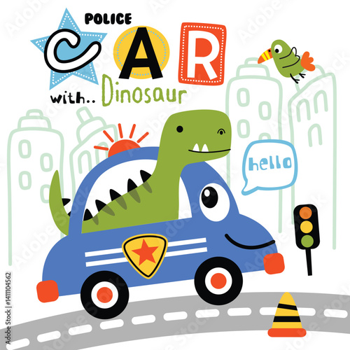 Cartoon dinosaur in a police car with "Police Car with Dinosaur" text
