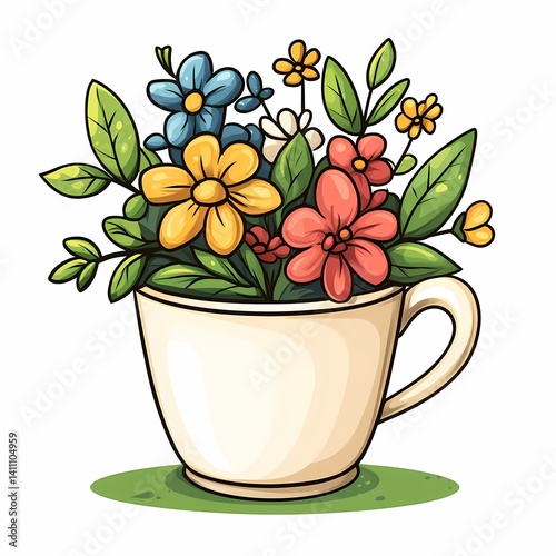 Beautiful Stylized Floral Illustration. Vibrant Cup of Flowers with Pastel Colors and Whimsical Botanical Design