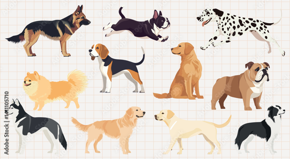 Fototapeta premium Colorful illustrated diverse dog breeds, element vector set
