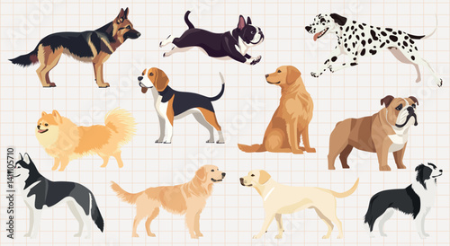 Colorful illustrated diverse dog breeds, element vector set