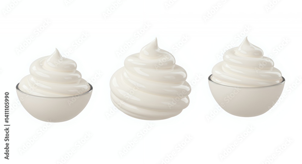 Three Bowls of Whipped Cream on White Background Three Bowls of Whipped Cream on White Background