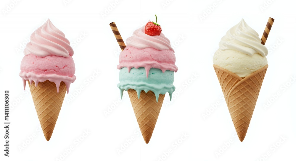 Three Colorful Ice Cream Cones Isolated on White Three Colorful Ice Cream Cones Isolated on White