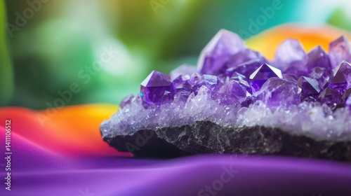 Amethyst crystals glisten atop a vibrant colored fabric, showcasing their natural hues and unique features in soft lighting