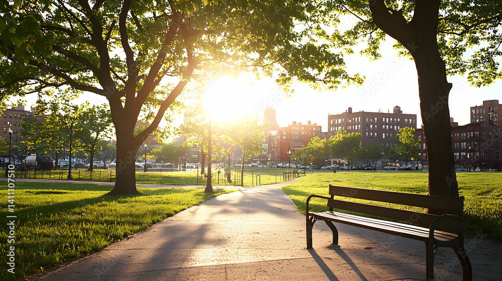 Naklejka premium Sunny City Park Path with Bench and Trees