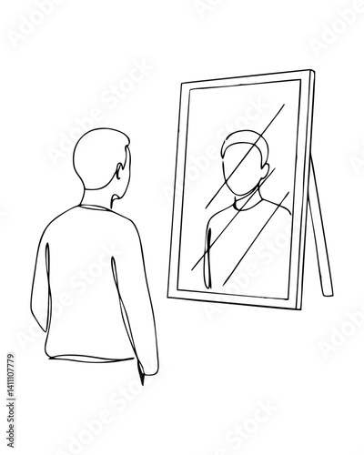 Line drawing of a person looking at their own reflection in a mirror line art wall art