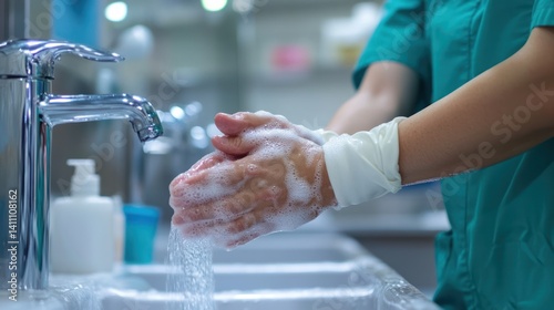Healthcare Professional Washing Hands Thoroughly with Soap and Water