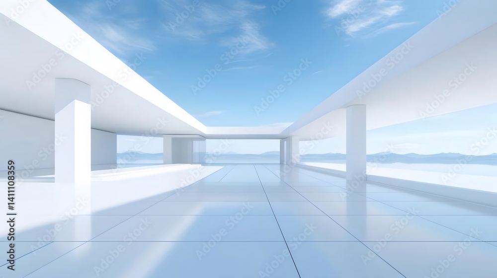 現代建築の白と青の空のコントラストクリーンで幾何学的なデザインと開放感 現代建築の白と青の空のコントラストクリーンで幾何学的なデザインと開放感