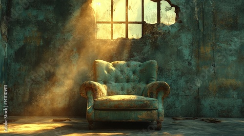 Generative AI Image of Armchair Chair in Abandoned Scary Empty Room with Sunlight From the Window