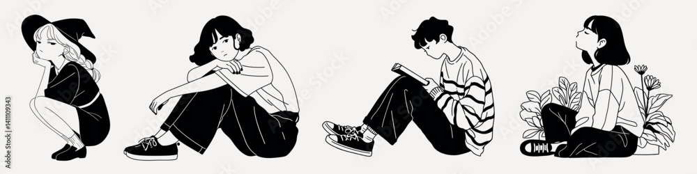 Fototapeta premium Stylish monochrome anime characters, element vector set