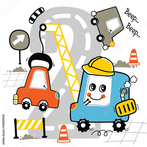 Cartoon construction vehicles with a crane lifting a car, fun "Beep Beep" theme
