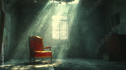 Generative AI Image of Armchair Chair in Abandoned Scary Empty Room with Sunlight From the Window