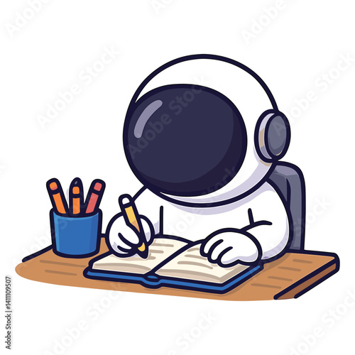 Astronaut writing with pencil at desk illustration