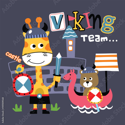 Cartoon giraffe and bear in Viking gear with a castle and dragon boat
