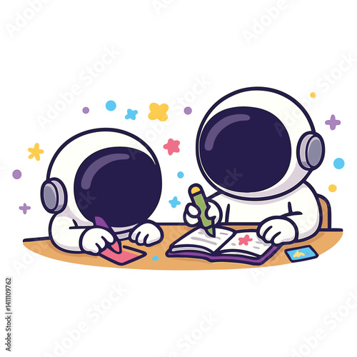Two astronauts reading book together illustration
