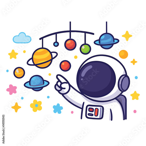 Astronaut playing with hanging solar system model illustration