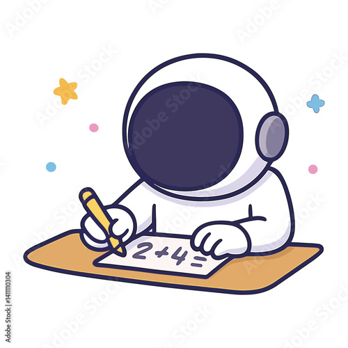 Astronaut doing math addition worksheet illustration