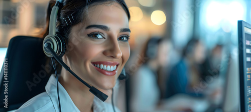Close-up of a smiling woman wearing a white shirt and using a headset while working at a computer in a call center. The background is blurred,