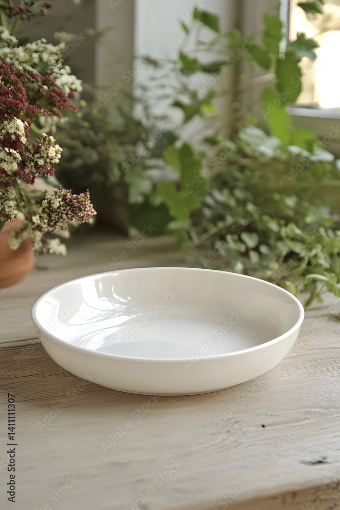 Empty White Bowl on Wooden Table with Greenery Empty White Bowl on Wooden Table with Greenery