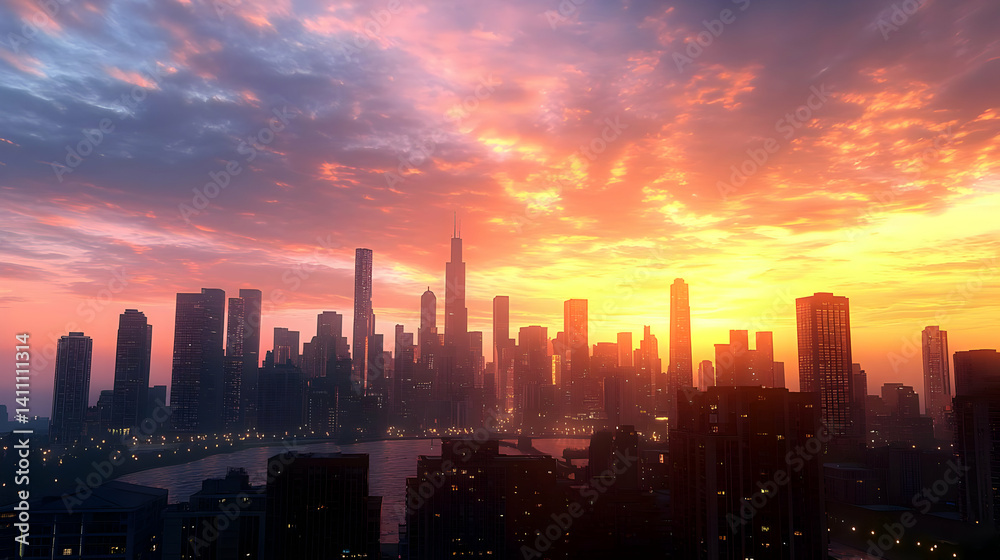 Fototapeta premium Sunset Over Futuristic City Skyline