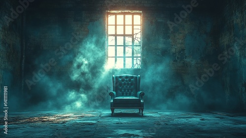 Generative AI Image of Armchair Chair in Abandoned Scary Empty Room with Sunlight From the Window