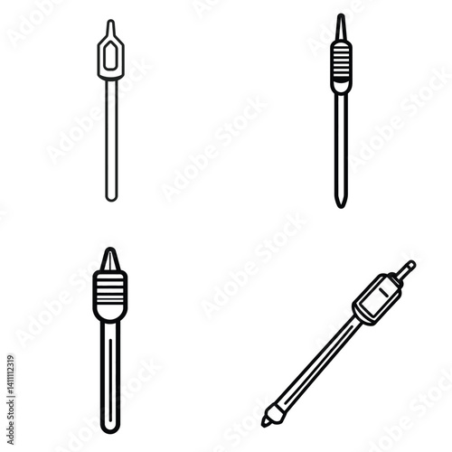 Set of Four Black and White Line Art Tattoo Needles in Various Styles Isolated