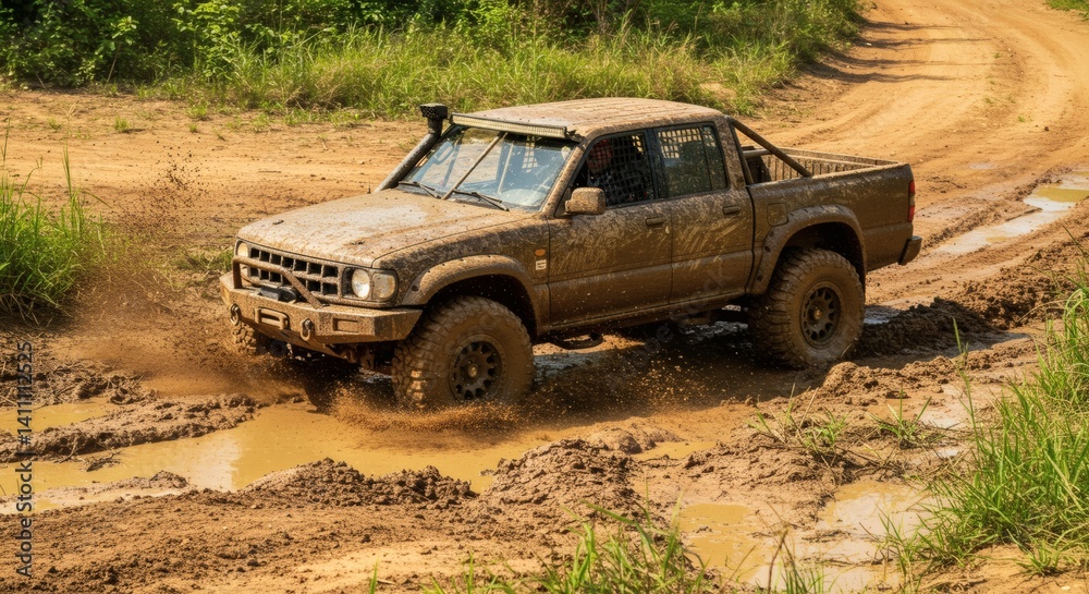 Fototapeta premium Off-road vehicle speeding through muddy terrain