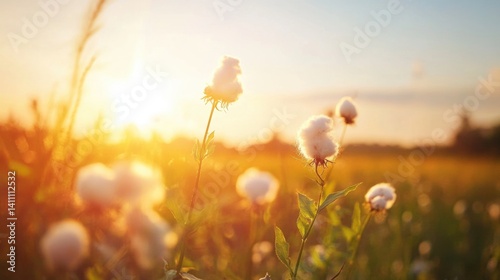 Cotton flowers glow under the warm sunlight of sunset, creating a serene atmosphere in the field as the day comes to an end