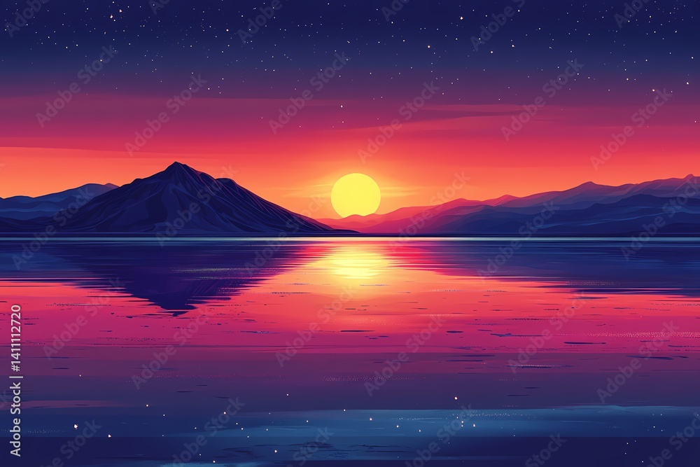 Tranquil Sunset Reflection over Mountainscape. Vibrant Digital Art with Colorful Water and Night Sky Silhouettes in a Serene Landscape Tranquil Sunset Reflection over Mountainscape. Vibrant Digital Art with Colorful Water and Night Sky Silhouettes in a Serene Landscape