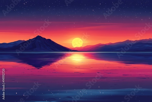 Tranquil Sunset Reflection over Mountainscape. Vibrant Digital Art with Colorful Water and Night Sky Silhouettes in a Serene Landscape