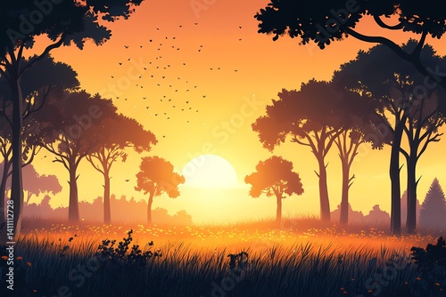 Sunset Landscape Illustration. Vibrant Colors of Twilight in a Tropical Forest
