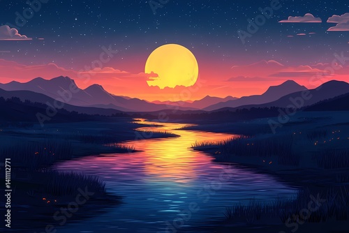 Idyllic Sunset Landscape Over Tranquil River with Vibrant Colors and Scenic Mountain Reflections