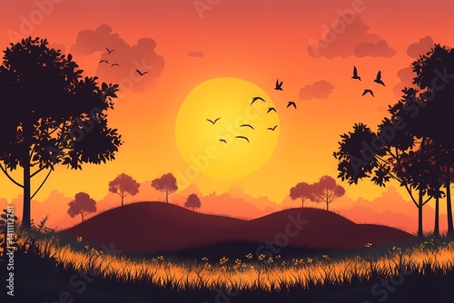 Vibrant Sunset Landscape Illustration with Silhouetted Trees and Hills - Nature's Tranquil Serenity in Digital Art