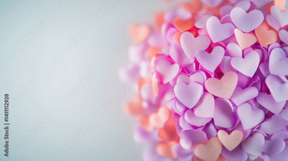 Obraz premium Small paper hearts in shades of pink and lavender form a vibrant, decorative arrangement, perfect for celebrations or romantic gatherings