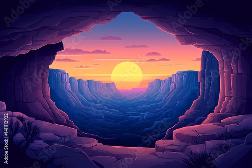 Breathtaking Canyon Sunset View. Vibrant Colors and Silhouetted Landscape in Serene Nature Scene