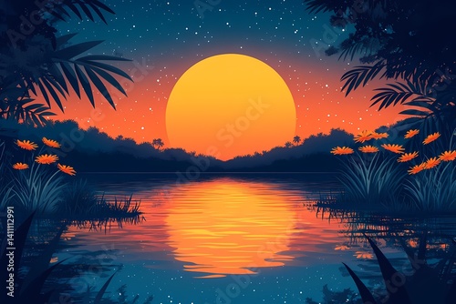 Breathtaking Sunset Landscape with Vibrant Reflections in a Serene Tropical Setting Digital Art Fantasy Scenery