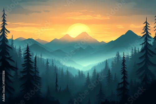 Mystical Sunrise Over Misty Mountains. Scenic Adventure in Nature's Tranquil Expanse